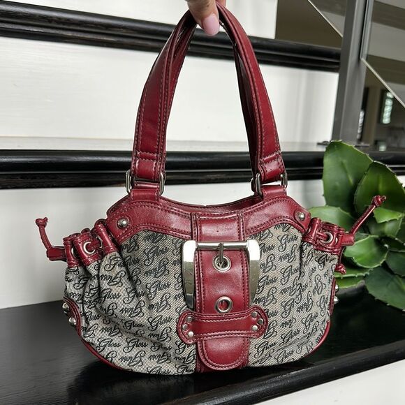 Vintage vegan leather canvas, satchel handbag, purse, red black tan - Picture 1 of 14
